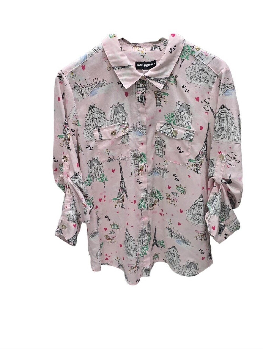 Karl Lagerfeld Paris Pink Eiffel Tower Print Button-Up Blouse Large - Picture 2 of 11